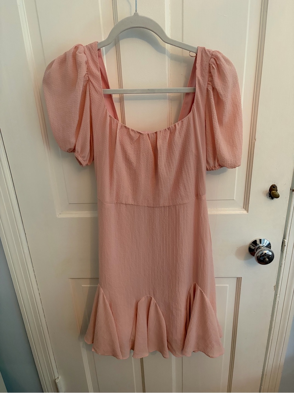 Astr Blush Pink Textured Mini Dress with Puff Sleeves